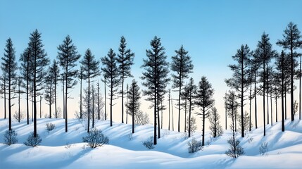 Fototapeta premium Winter Scenery: Snow-Covered Trees Under Blue Sky, Minimalist Landscape