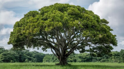 Fototapeta premium Lush tropical tree with wide canopy and vibrant green leaves positioned centrally against a bright sky surrounded by greenery in northeastern landscape.
