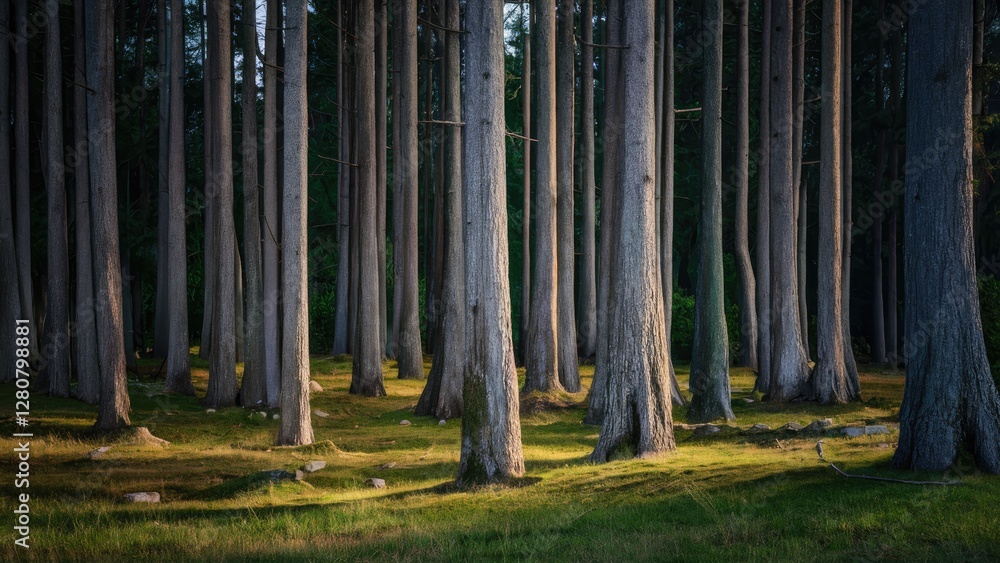 Aufkleber sunlight filtering through tall, slender trees in a serene forest setting, with green grass carpet a