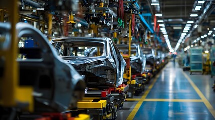 A factory with cars on a conveyor belt. The cars are in various stages of production. Scene is industrial and focused on the manufacturing process