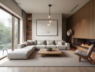 Fototapeta premium Minimalist, japandi style interior design of modern living room. 
