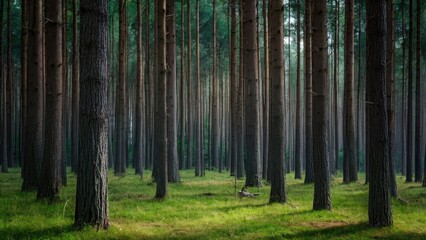 Tall, slender trees with dark bark in a dense woodland, green grass covering the ground, soft light filtering through the forest canopy.