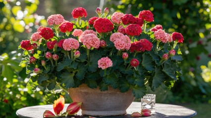 Fototapeta premium Vibrant blooming adenium flowers in a round pot showcase red and pink hues with lush green leaves against a soft outdoor backdrop.