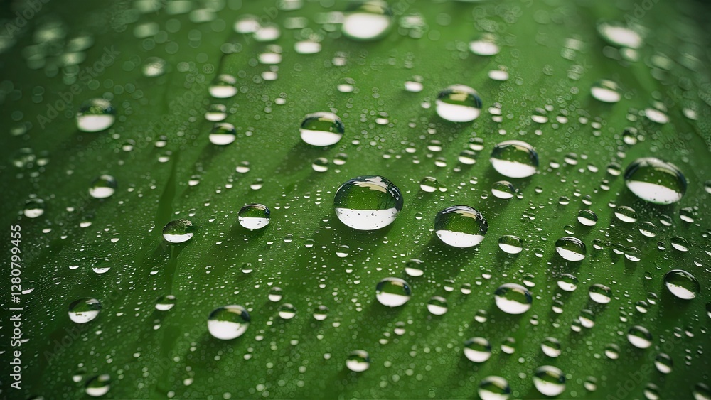 Poster close-up view of green leaf covered with clear water droplets creating a textured effect with a vivi