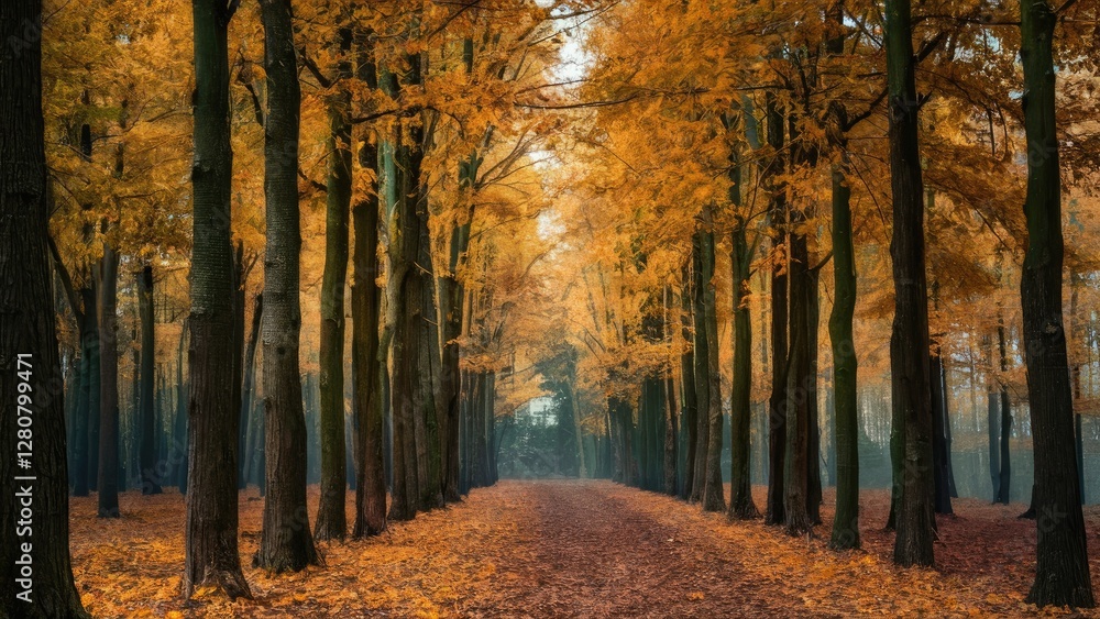 Aufkleber autumn forest path lined with tall trees showcasing vibrant orange and yellow leaves with a tranquil