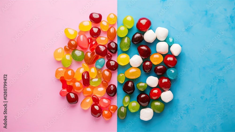 Poster colorful assortment of jelly candies on a divided pink and blue backdrop arranged in a circular patt