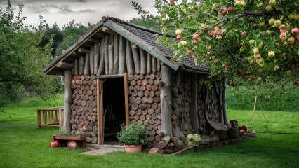 Rustic handmade shed in apple orchard with round pine log walls surrounded by lush green grass and apple-laden trees under a cloudy sky.