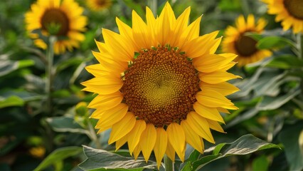 Bright yellow sunflower in full bloom, centered in the frame with a vibrant green backdrop of sunflower foliage, highlighting its intricate seed pattern.