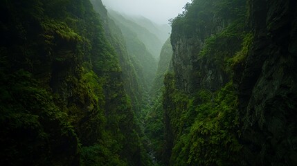 Lush Green Jungle Valley in the Mist
