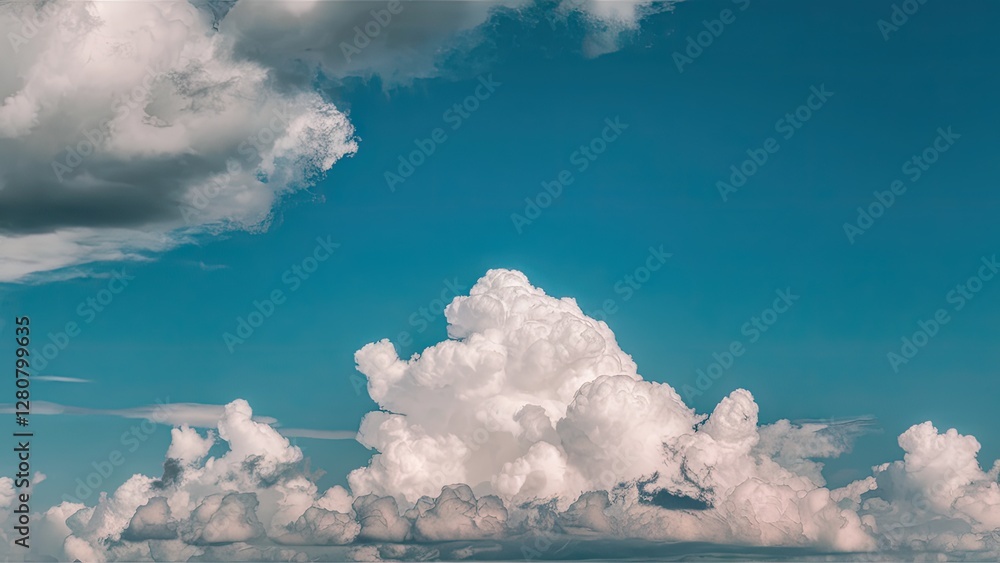 Poster bright azure sky with white fluffy clouds scattered across the upper two-thirds and a soft gradient 