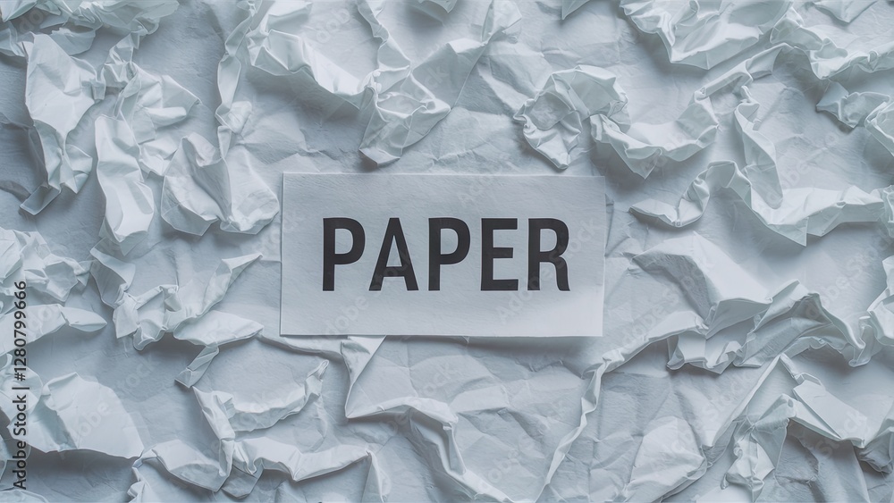 Poster crumpled white paper texture with a central rectangular label reading paper in bold black letters ag