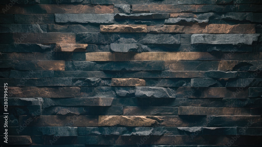 Aufkleber textured dark stone wall with layered rectangular slate pieces in shades of black and brown arranged