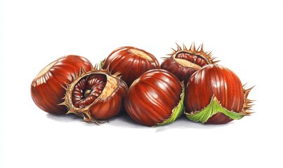 A close-up of freshly harvested chestnuts nestled in their spiky husks on a white background