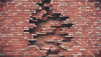 Abstract view of fragmented red brick wall with irregular patterns and textures revealing the underlying brownish layer in the center