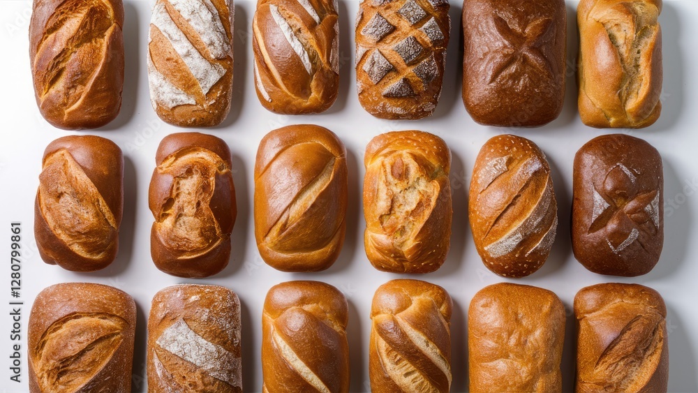 Poster assorted freshly baked loaves of bread arranged in a grid pattern on a clean white surface showcasin
