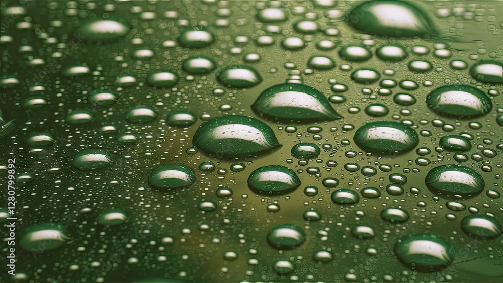 Poster water droplets resting on a dark green surface with a soft blurred background creating a rich textur