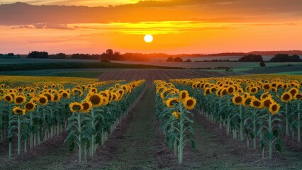 Sunset over harvested sunflower fields casting a warm golden glow with vibrant yellow sunflowers in rows beneath a colorful sky with clouds.