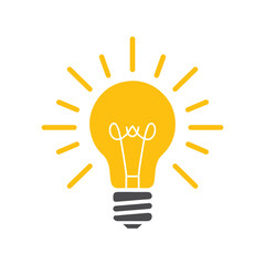 Lightbulb icon on light background. Idea symbol. Electric lamp, light, innovation, solution, creative thinking, electricity. Outline, flat and colored style. Flat design. 