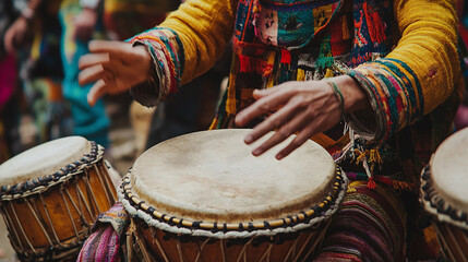Close-up of hands drumming on traditional djembe drums, creating vibrant rhythms in a joyful, musical atmosphere.