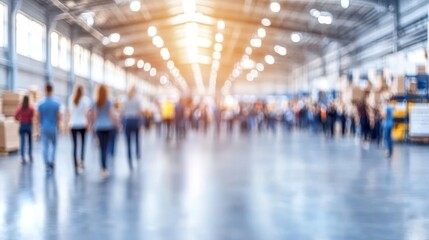 People moving in a warehouse with a slight out of focus blur. Warehouse blurred background