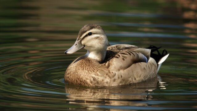 A serene brown duck gracefully floats on gently rippling water, reflecting hints of green and blue from the surrounding nature. - Powered by Adobe