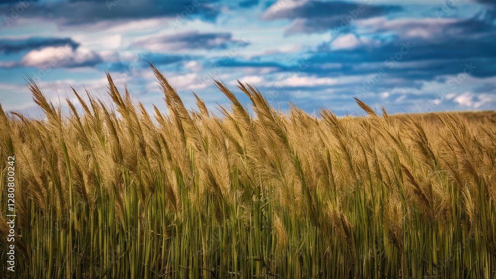 Poster golden tall grasses swaying gently under a blue sky with fluffy clouds in the background creating a 