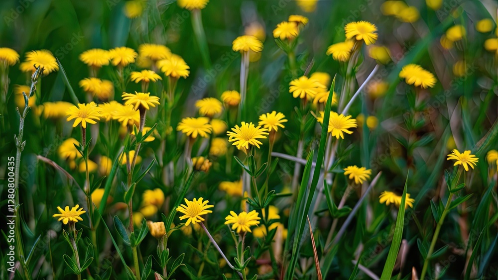 Poster vibrant clusters of tiny yellow wildflowers in sharp focus surrounded by lush green grass creating a
