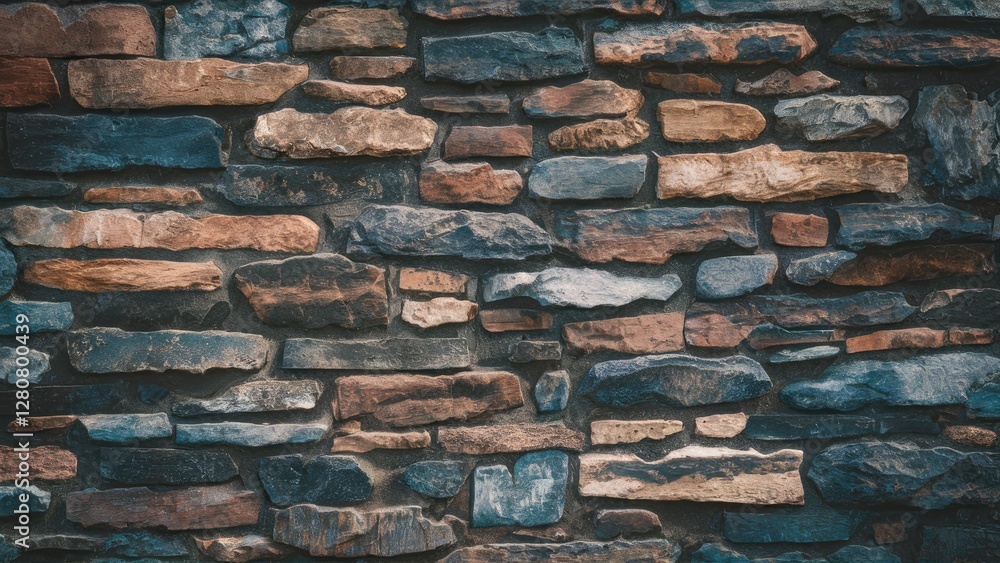 Poster textured stone wall with rich color variations including browns, grays, and blues arranged in a laye