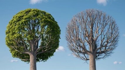 Contrasting tree crowns with lush green foliage on the left and a stark leafless crown on the right against a clear blue sky background.
