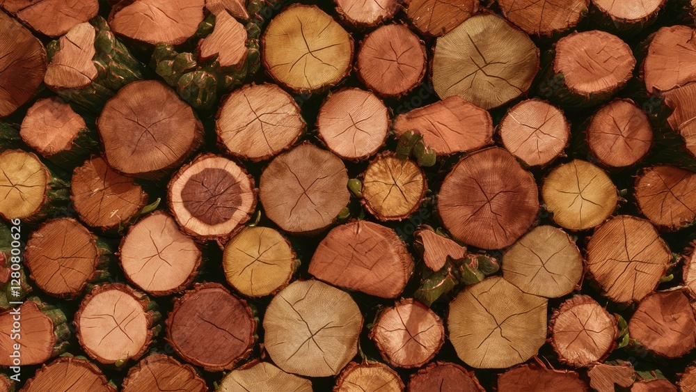 Poster stacked tree logs in various shades of brown with circular cross-sections arranged tightly, showcasi