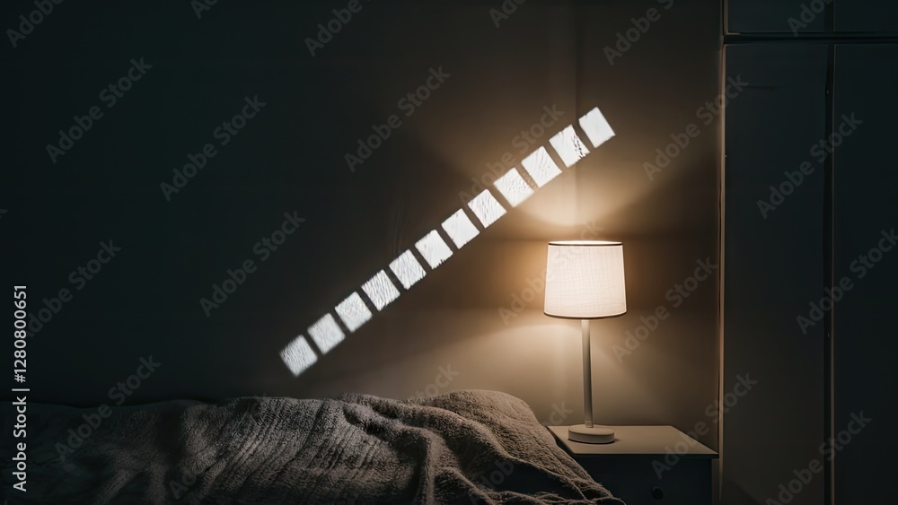 Aufkleber bokeh lights from a bedside lamp create a soft glow in a dark bedroom with a diagonal line effect an