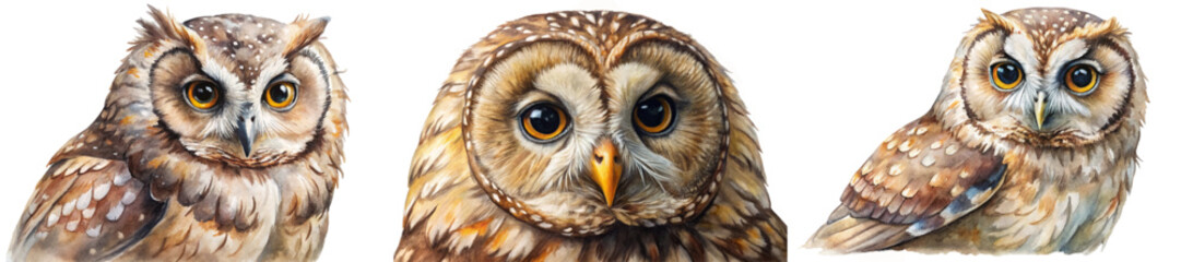 Fototapeta premium Realistic owl portraits, detailed watercolor illustrations, vibrant colors, nature art, wildlife depiction, artistic style.