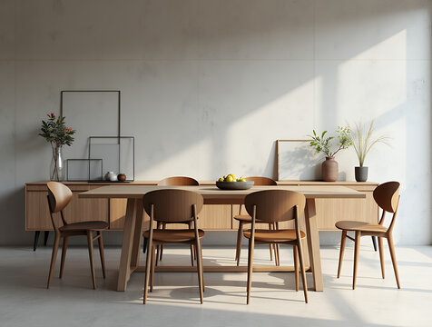 Interior of modern dining room, wooden table and chairs against concrete wall with sideboard, 3d rendering 