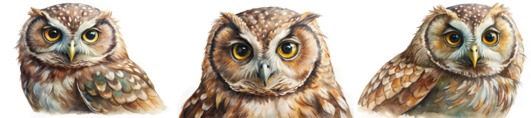 Realistic owl portraits, detailed watercolor style, vibrant colors, nature illustration, wildlife art, animal depiction.