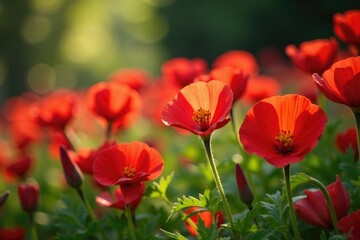 Obraz premium A sunny garden bed filled with a profusion of Red Turk's cap flowers, colorful, blooming
