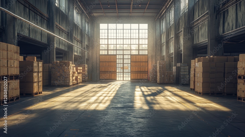 Poster a spacious warehouse with stacked boxes and sun rays streaming through large windows, creating a war