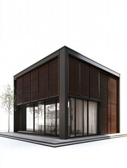 Fototapeta premium Modern Architectural Marvel: A contemporary building showcasing clean lines, large glass windows, and a blend of materials, offering a glimpse into innovative design and urban sophistication.