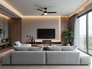Grey sofa against tv unit. Scandinavian home interior design of modern living room with fan lamp on ceiling. 