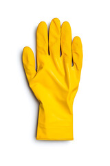 Top view bright yellow rubber cleaning glove isolated on white background