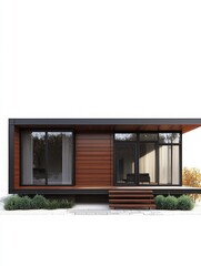 Fototapeta premium Modern Home: An artist's depiction of a modern minimalist home with a unique blend of timber cladding, glass walls, and lush green surroundings.