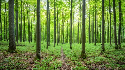 Fototapeta premium Lush green forest path, sunlight dappling, springtime. Nature background for travel brochures
