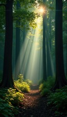 Obraz premium Dark forest with sunbeams piercing through the trees, casting dappled shadows, sunlight filtering, foliage