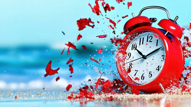 Exploding Red Alarm Clock on Beach.