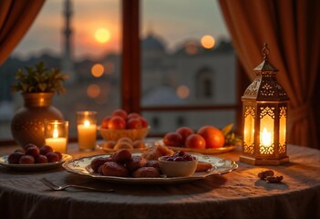 Obraz premium A cozy and inviting iftar table setting with traditional Arabic dishes, dates, and water served on an ornate platter