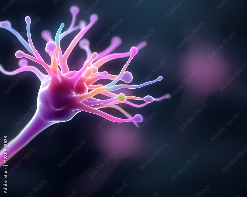 Poster a vibrant, abstract representation of a neuron-like structure, featuring colorful filaments extendin