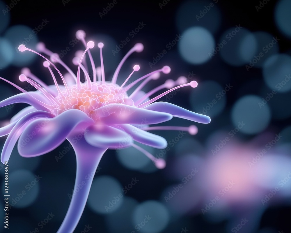 Poster a vibrant, surreal flower with glowing petals against a blurred bokeh background, creating an ethere
