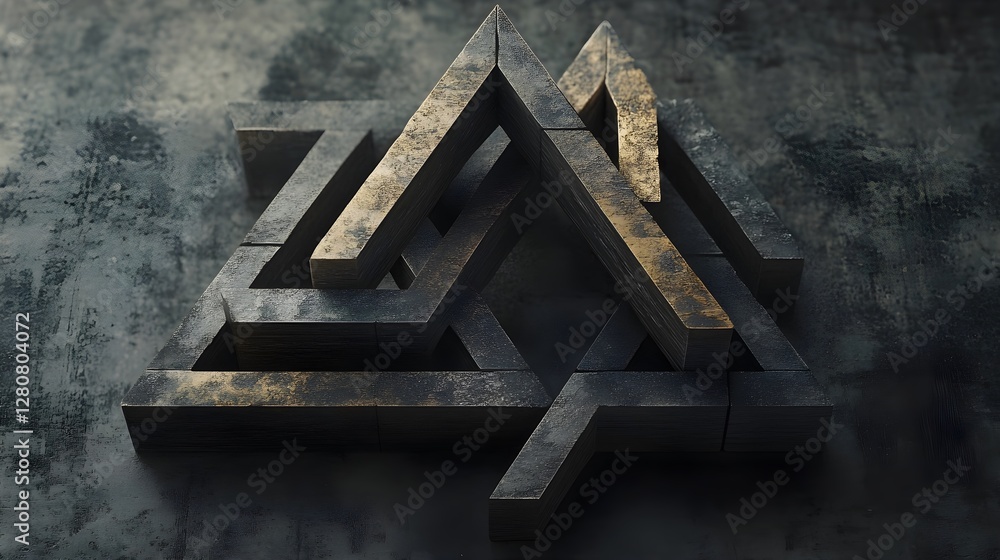 Poster abstract 3d triangular geometric structure with wooden texture art on dark grunge background