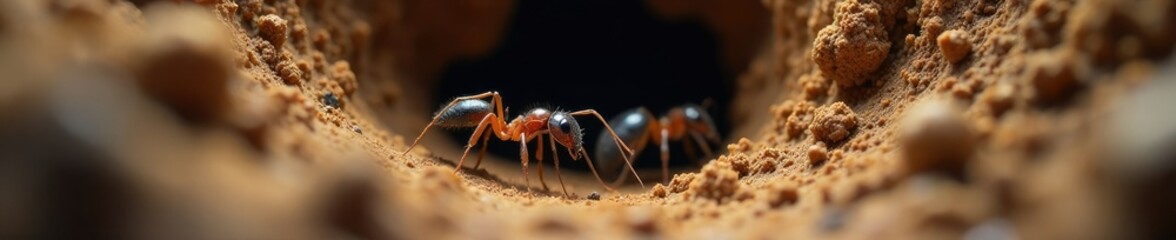 Earthy tones dominate this macro shot of an underground ant nest, underground, ants colony, dirt