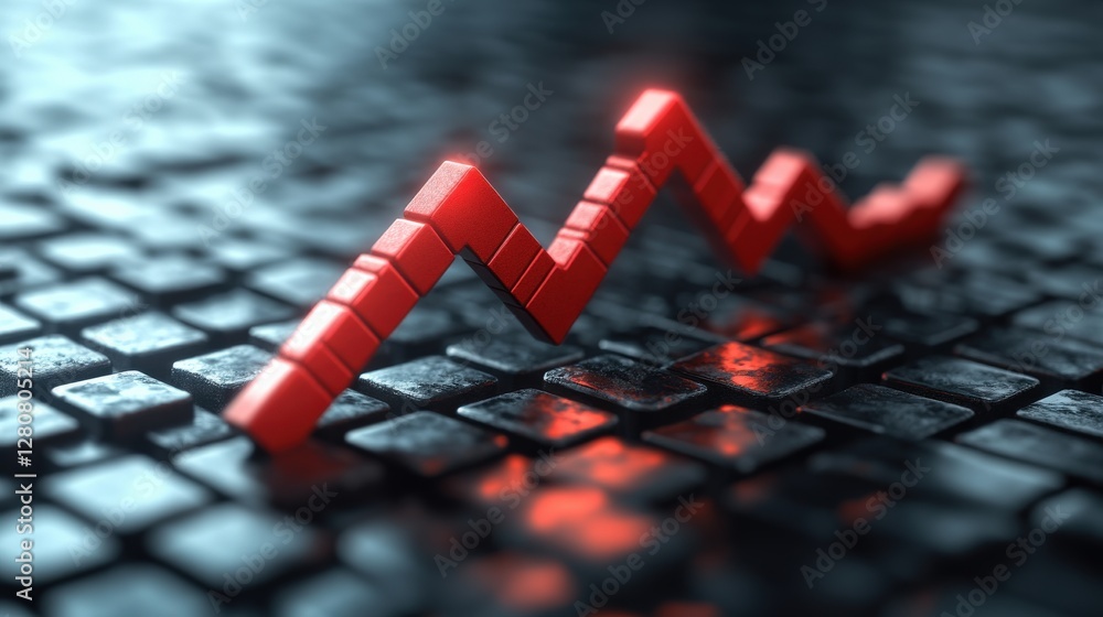 Aufkleber red upward trend line graph on a dark cobblestone surface reflecting light in a dramatic setting