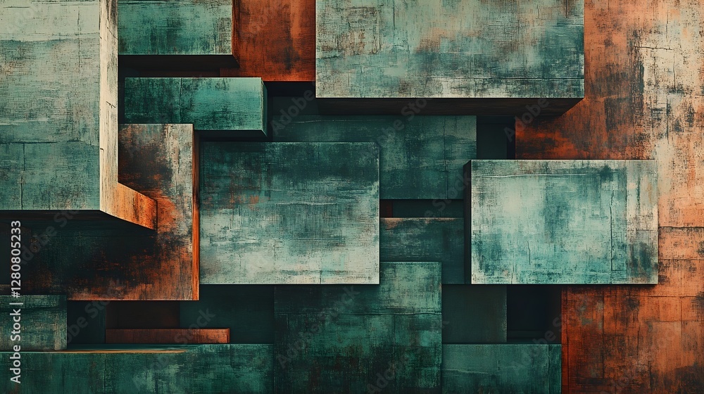 Poster abstract geometric blocks with grunge texture in teal and rust tones for modern design backdrops
